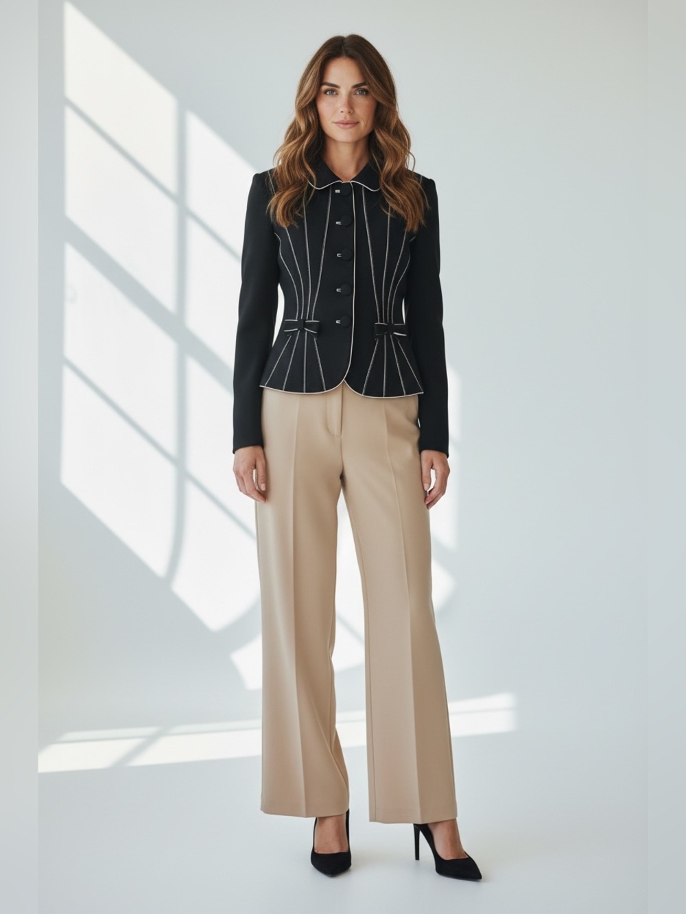 $545 Rena Lange Wool blazer black/ivory trim with bow details M
